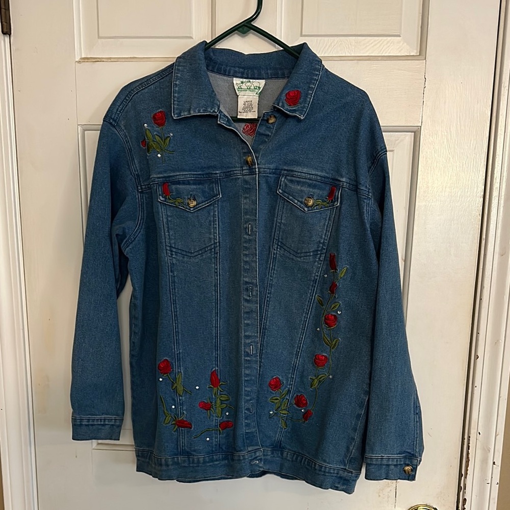 Quacker Factory Jeanne Jacket with Red Rose embroidery and tiny rhinestones